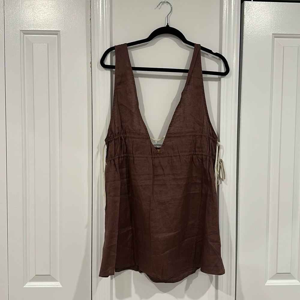 VRG GRL Linen Sleeveless Adjustable V-Line Mini Dress in Chocolate Brown